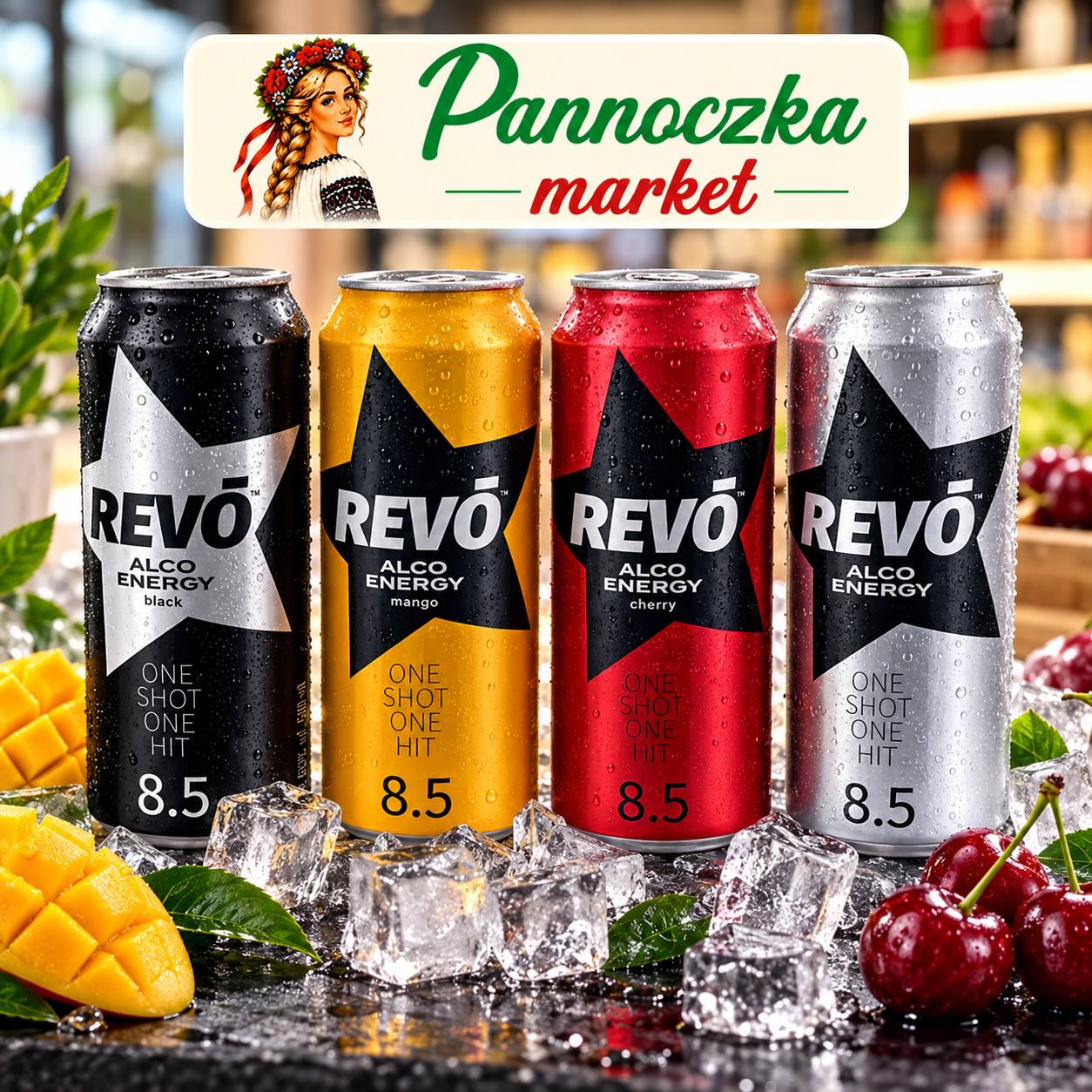Napoje energetyczne REVO Alco Energy – black, mango, cherry, silver