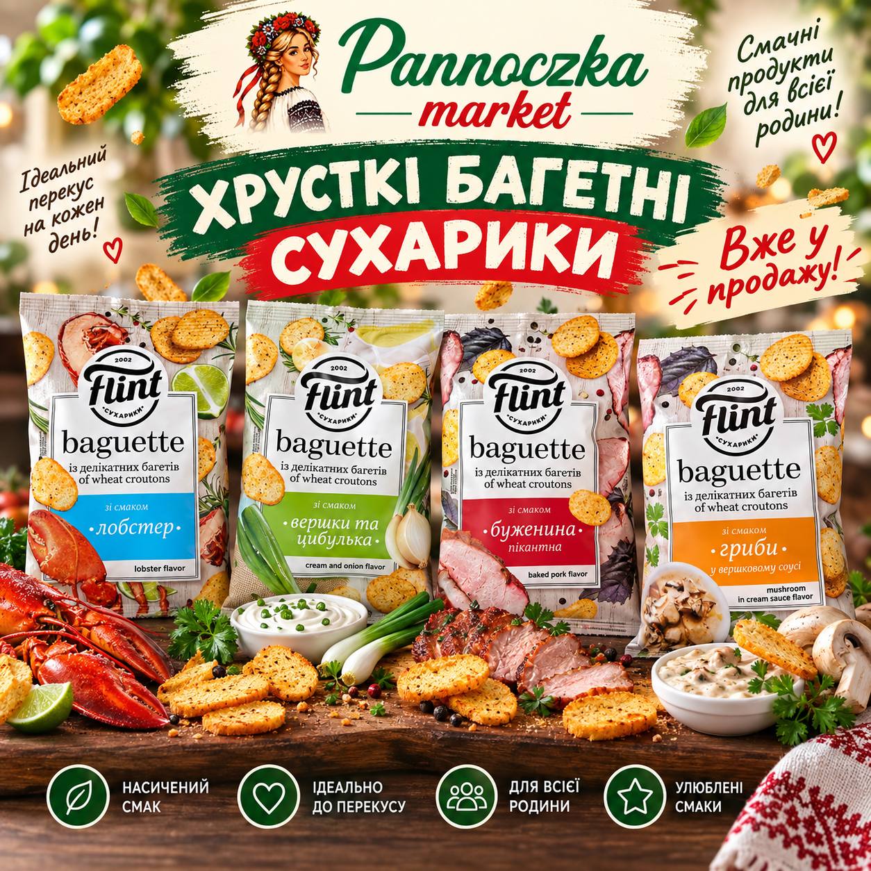 Sucharki Flint Baguette – lobster, śmietana z cebulką, boczek pikantny, grzyby