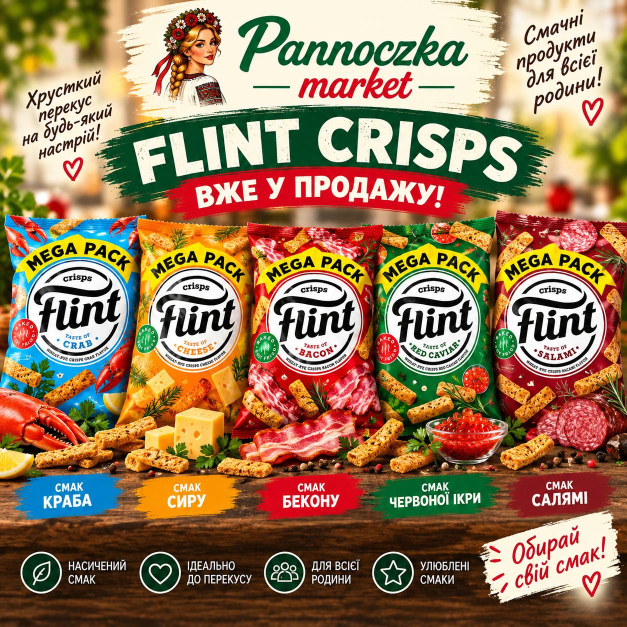 Chrupki Flint Crisps – krab, ser, bekon, czerwony kawior, salami
