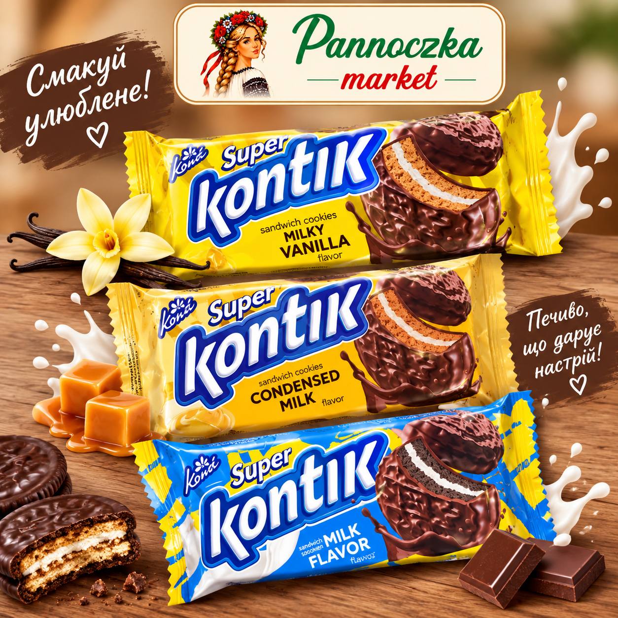 Ciastka przekładane Super Kontik – wanilia mleczna, mleko skondensowane, mleko